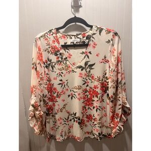 Calvin Klein Floral V-Neck Blouse Orange Pink Ruffle Cuff Long Sleeve Top